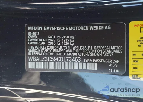 2012 BMW 650I z USA, uszkodzony, nr VIN WBALZ3C59CDL73463